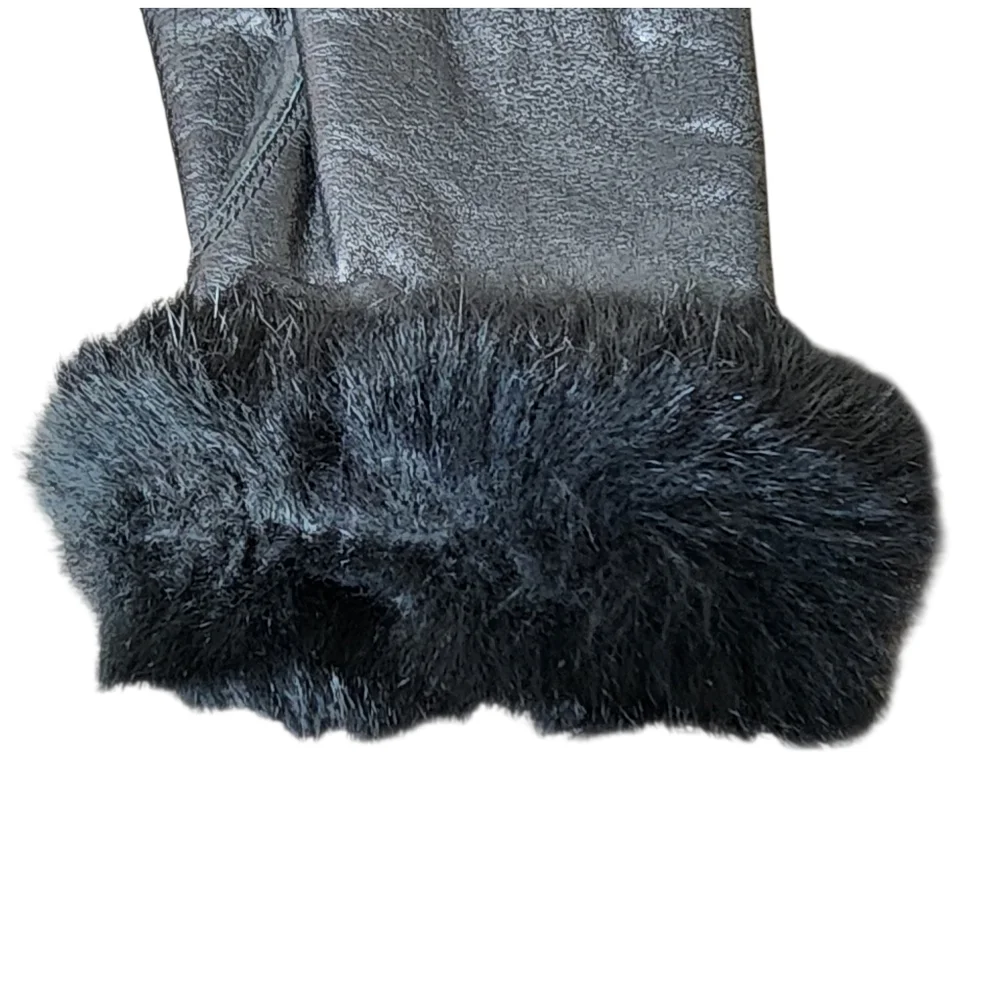 Gloves black leather with faux fur cuff trim soft elegant